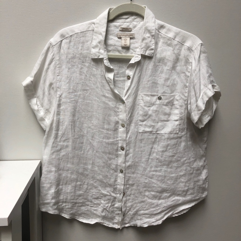 White Linen Square Button Up Short Sleeve Shirt
